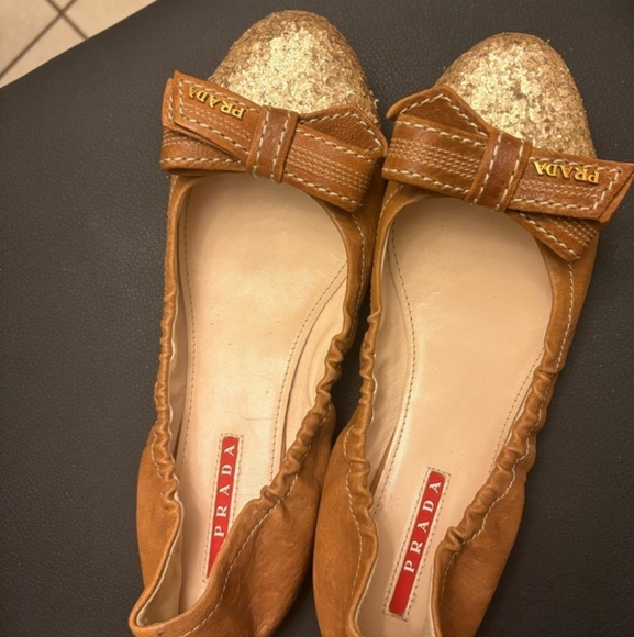 Prada Brown and Gold Flats with Bow - Picture 1 of 15